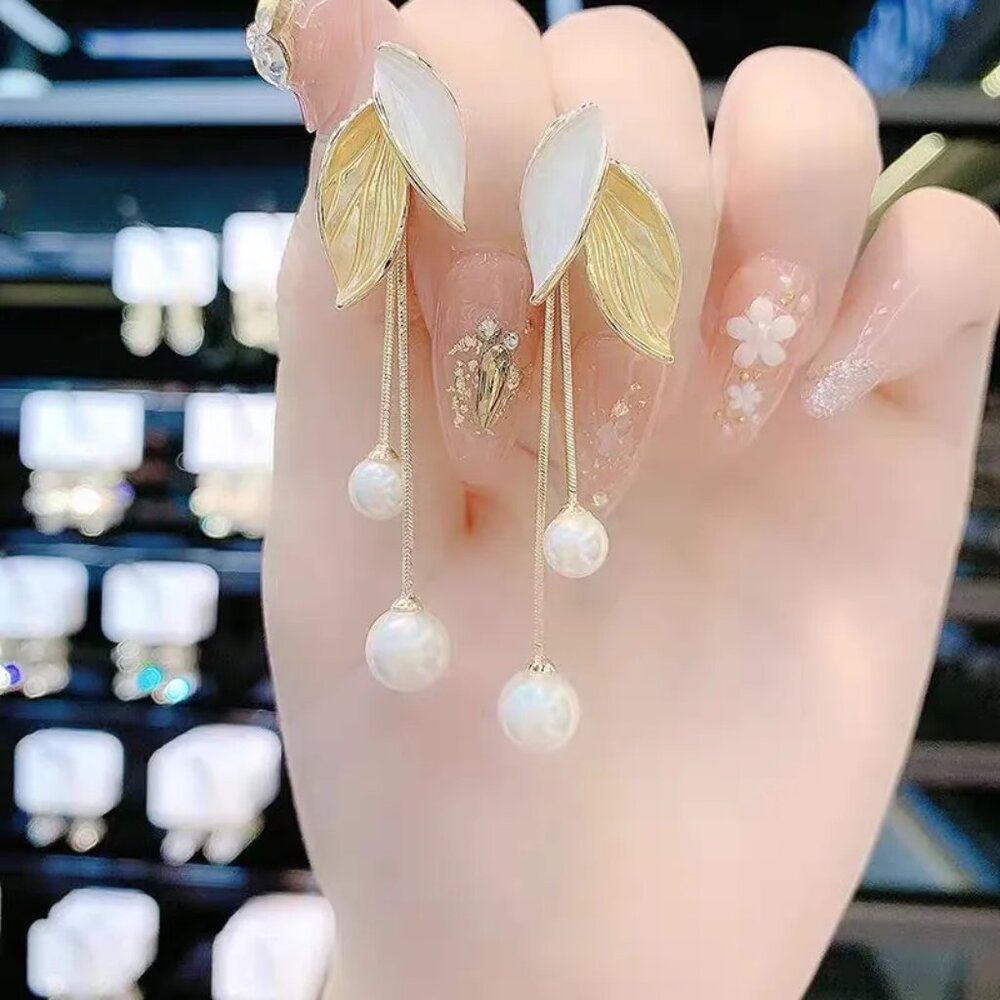 Yellow & White Golden Leaf Dangle Earrings with Pearl Drops